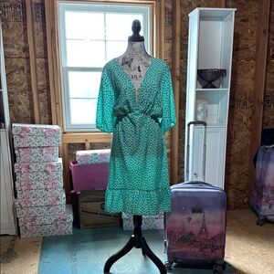 SHEIN Green and White Wrap Midi Dress with Dolman Sleeves